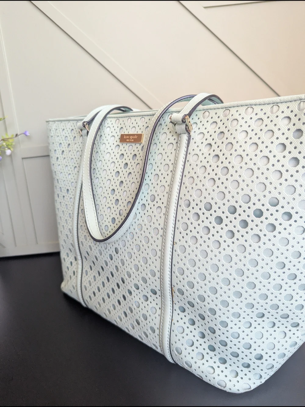 kate spade Light Blue Perforated Leather Tote